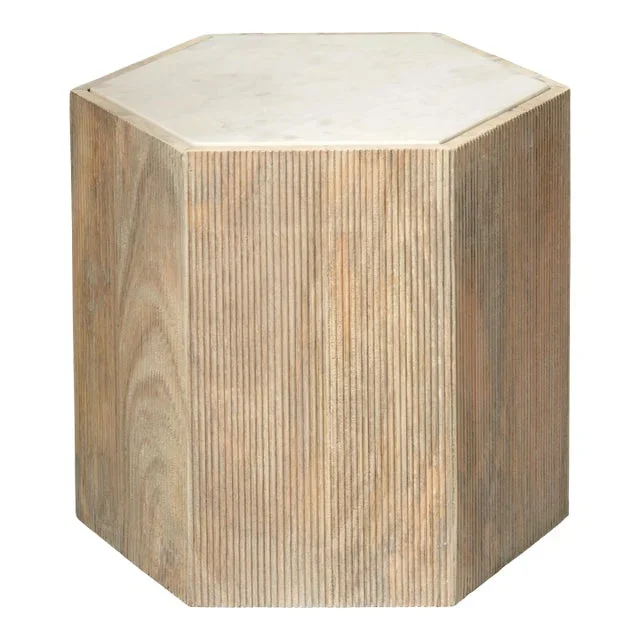 Argan Hexagon Table, Washed Wood & Marble Top – Large