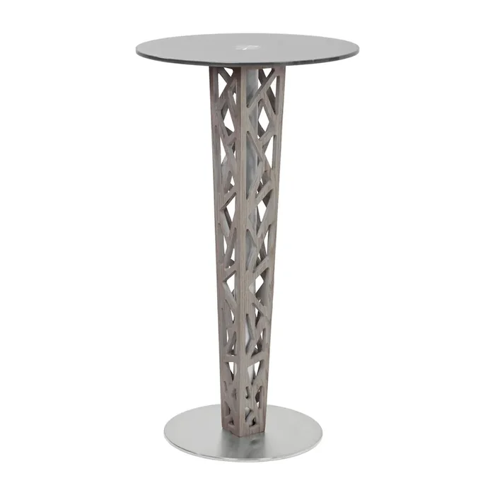 Armen Living Crystal Pub Table With Gray Walnut Veneer Column And Brushed Stainless Steel Finish With Gray Tempered Glass Top