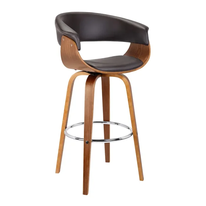 Armen Living Julyssa 26″ Mid-century Swivel Counter Height Barstool In Brown Faux Leather With Walnut Wood