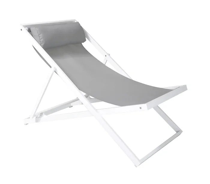 Armen Living Wave Outdoor Patio Aluminum Deck Chair In White Powder Coated Finish With Grey Sling Textilene