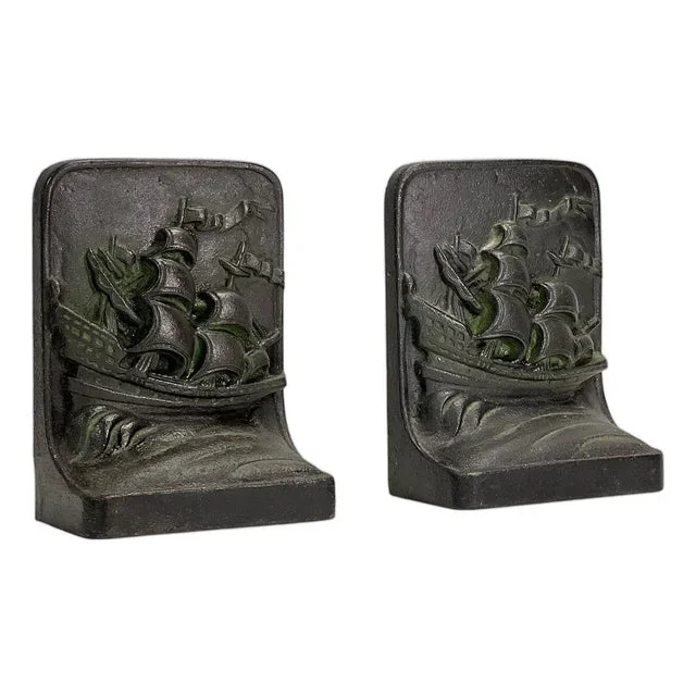 Art Deco Cast Iron Bookends with Nautical Ship Motif, 1930s, Set of 2