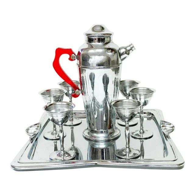 Art Deco Chrome & Red Bakelite Cocktail Set – 8 Pieces