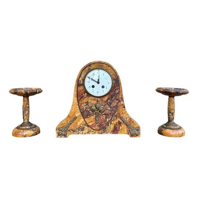 Art Deco Clock with Marble Trim, 1890s, Set of 3