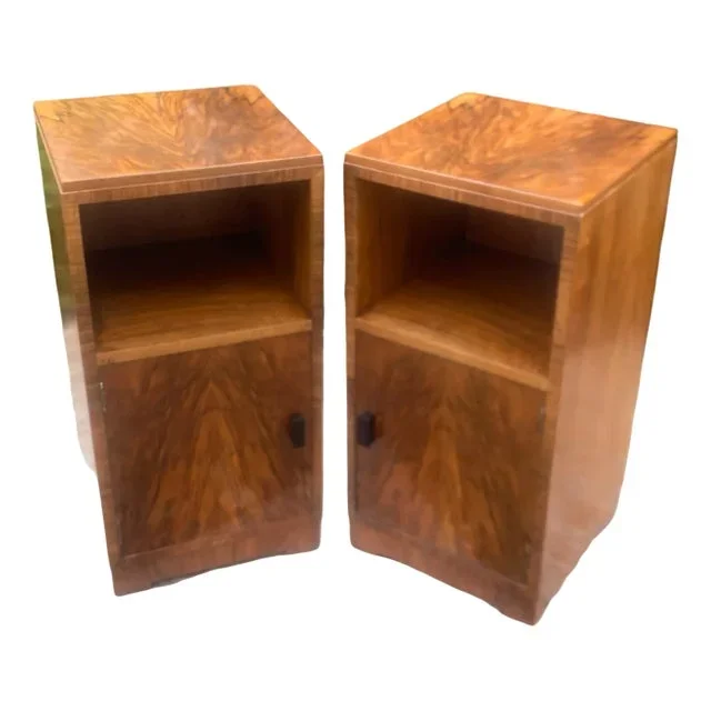 Art Deco Figured Walnut Nightstands, 1930s, Set of 2
