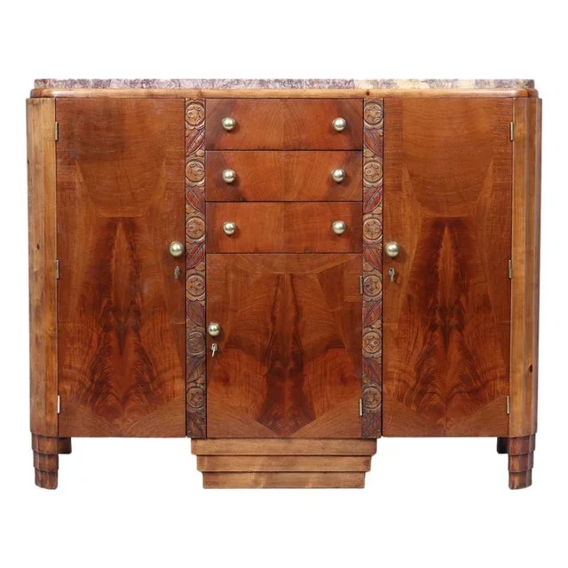 Art Deco French Walnut Sideboard with Marble Top, 1930s