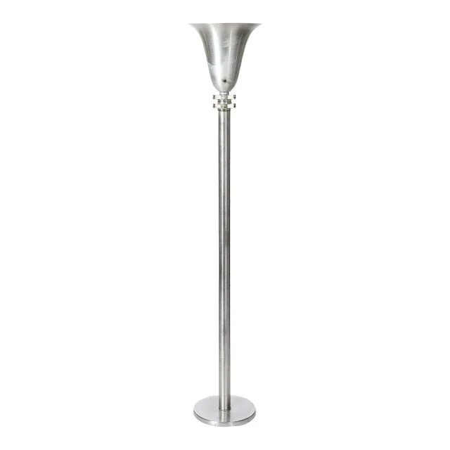 Art Deco Machine Age Torchiere in Brushed Aluminum & Glass Signed Russel Wright
