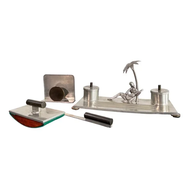Art Deco Pewter Desk Set by Carl-Einar Borgström for Ystad Tenn, Sweden, 1936, Set of 4