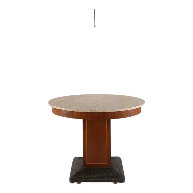 Art Deco Side Table with Wood Inlay and Marble Top from De Coene Freres, 1930s