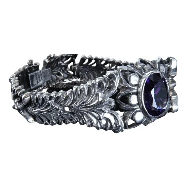 Art deco Sterling Sanborns Mexican Silver Amethyst openwork bracelet
