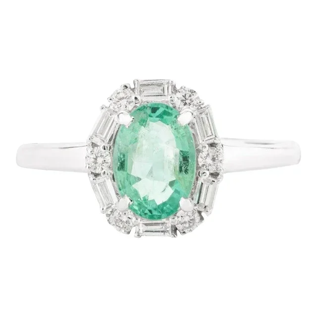 Art Deco Style Emerald Engagement Ring With Halo Diamonds in 14k White Gold Size 7