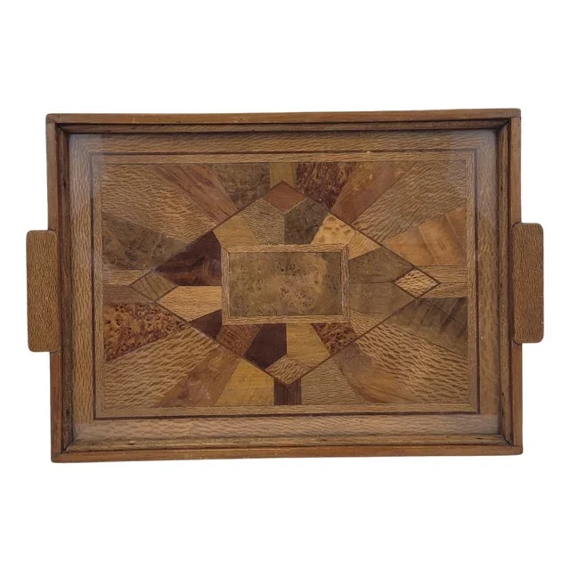 Art Deco Tray Marquetry and Glass, France, 1950s