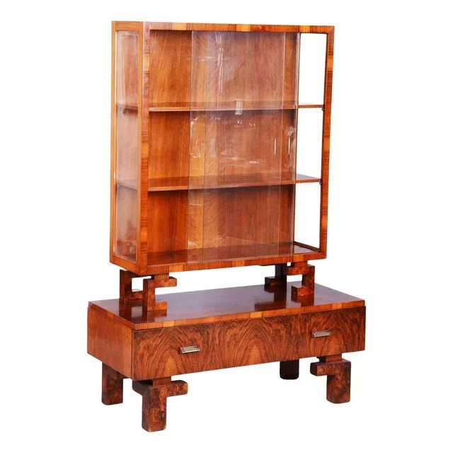 Art Deco Walnut and Glass Display Cabinet, Former Czechoslovakia, 1920s