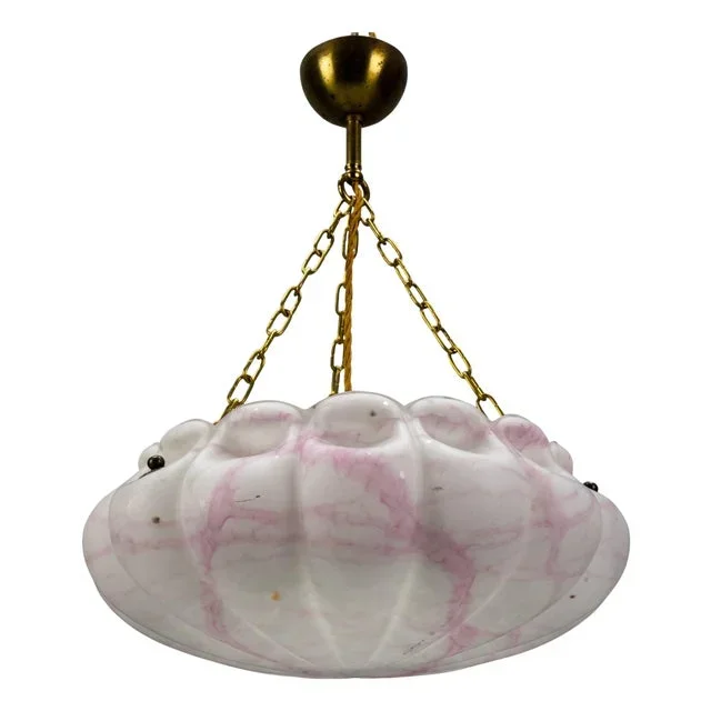 Art Deco White and Pink Marbled Glass and Brass Pendant Light, 1930s