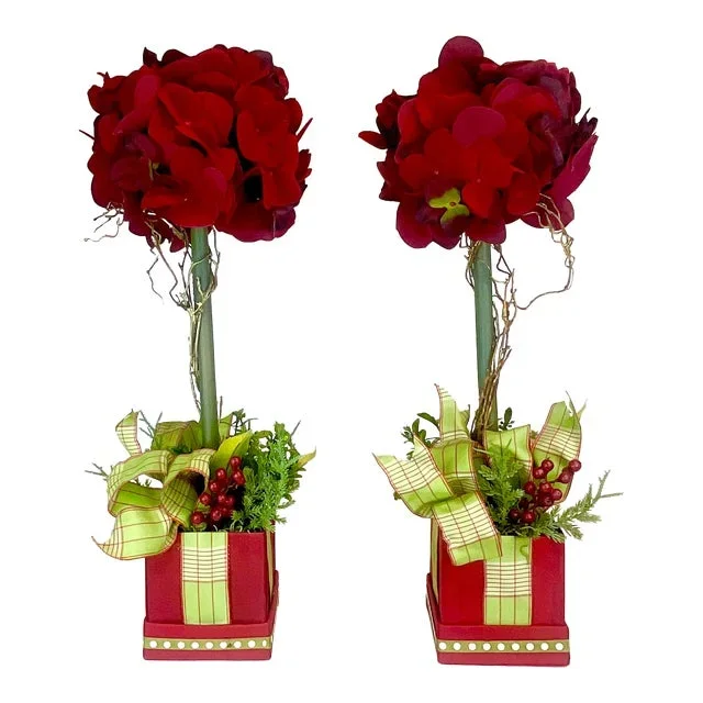 Art Nouveau Hollywood Regency Christmas Red Hydrangeas Topiary – a Pair.