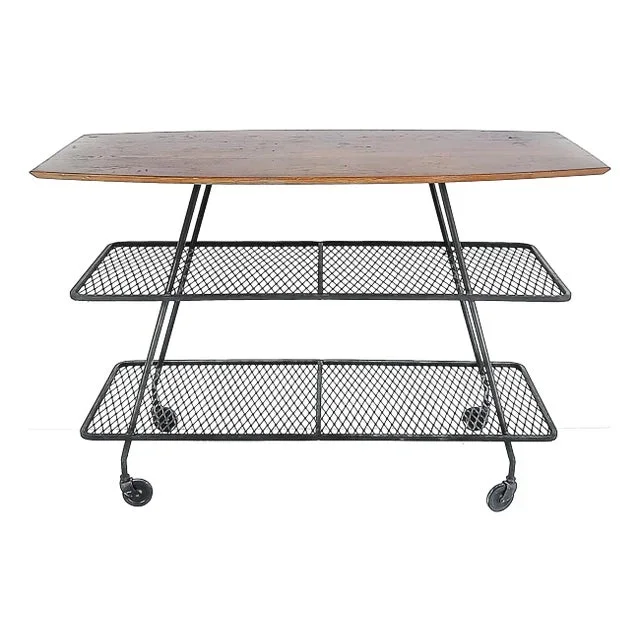 Arthur Umanoff Wrought Iron Rolling Bar Cart, Surfboard Wood Top