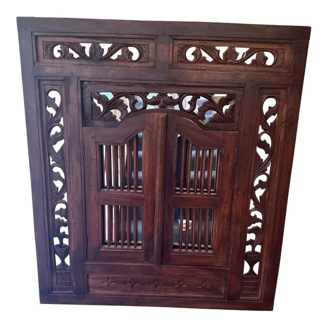 Asian Balinese Carved Teak Shutter Window Wall Mirror