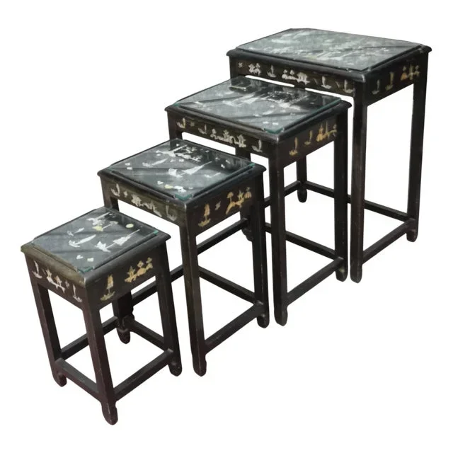 Asian Black Wood Nesting Tables, Set of 4