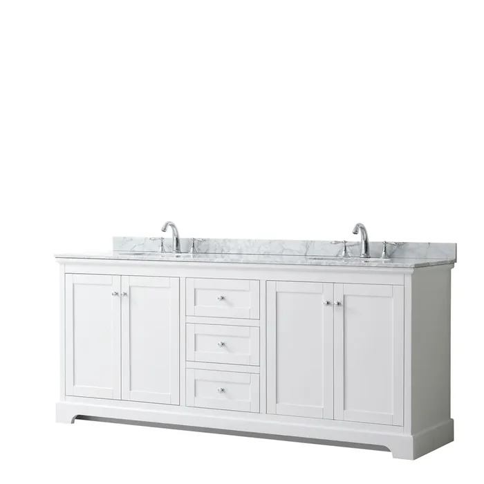 Avery 80 Inch Double Bathroom Vanity In White, White Carrara Marble Countertop, Undermount Oval Sinks, And No Mirror