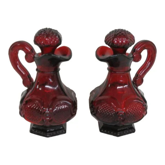 Avon Cape Cod Collection Ruby Red Glass Cruet Oil and Vinegar Set of Two 4203b