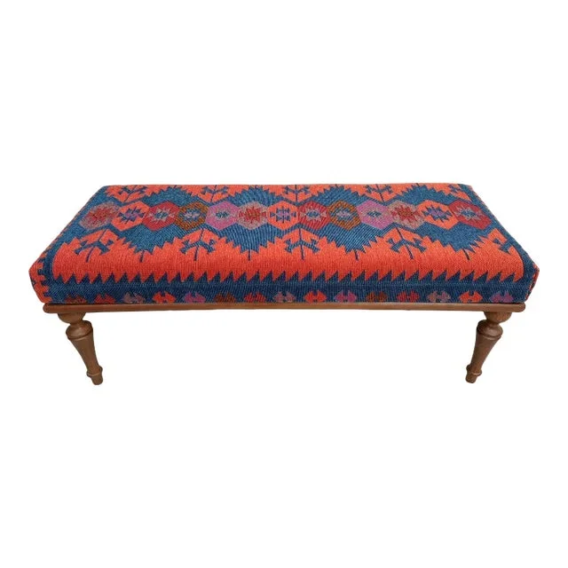 Aztec Kilim Upholstered Navy Hallway Bench