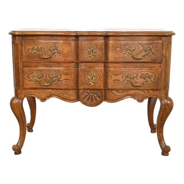Baker Furniture French Provincial Louis XV Carved Oak and Burl Wood Commode or Bedside Chest