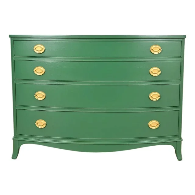 Baker Furniture Style Federal Green Lacquered Mahogany Bow Front Dresser Chest, Newly Refinished