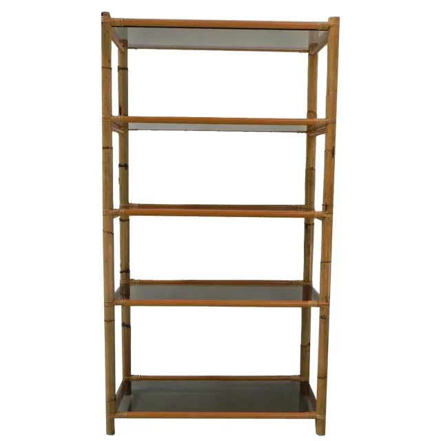 Bamboo Showcase with 5 Smoked Glass Shelves, 1950s