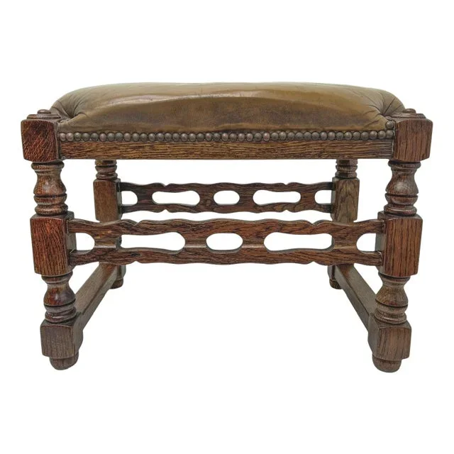 Baroque Spanish Carved Wood and Leather Stool, 1950s