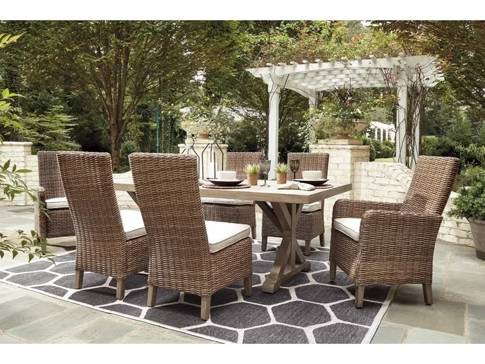 Beachcroft Outdoor Dining Table, 4 Side Chairs & 2 Arm Chairs in Tan