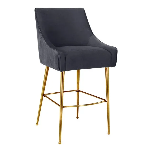 Beatrix Pleated Grey Velvet Counter Stool with Gold Legs