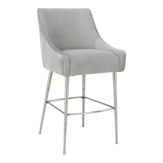 Beatrix Pleated Light Grey Velvet Bar Stool with Silver Legs