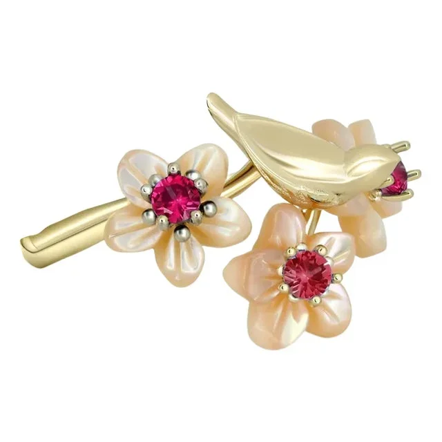 Bird on Branch 14k Gold Ring With Garnets