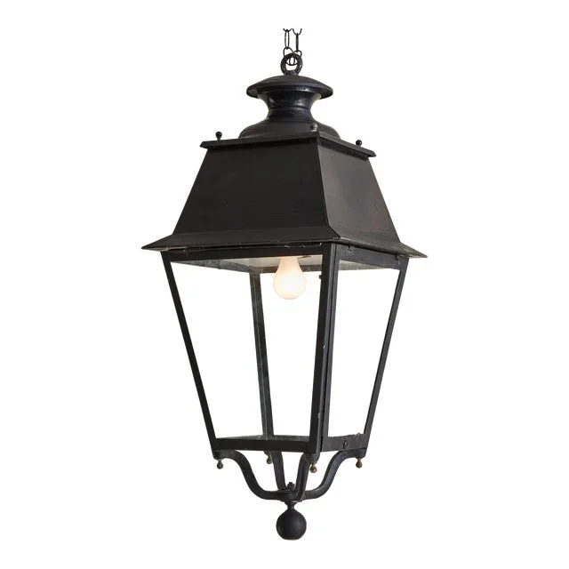 Black Iron + Glass Lantern, France 1960s