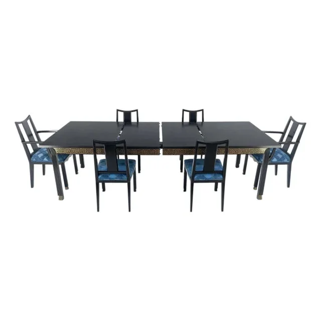 Black Lacquer Gold Ornament Decorated Dining Table & 6 Chairs