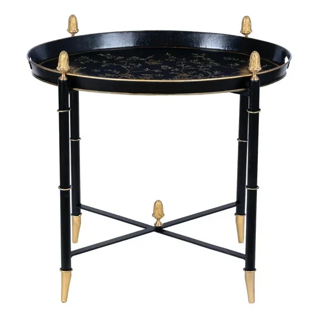 Black Round Tray Table with Gold Finials