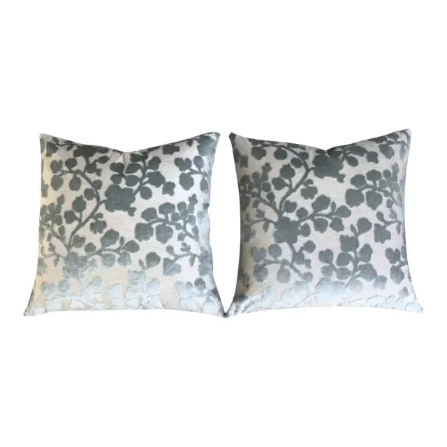 Blossom in Mist Raised Linen Velvet Floral Pillows- a Pair