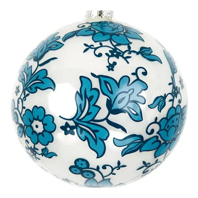 Blue and White All Over Floral Ball Ornament, 4″