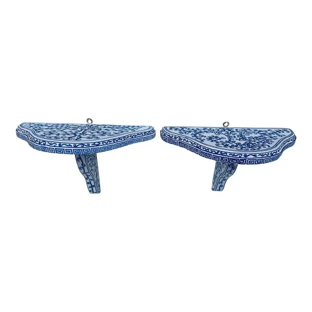 Blue and White Chinoiserie Wall Shelves a Pair