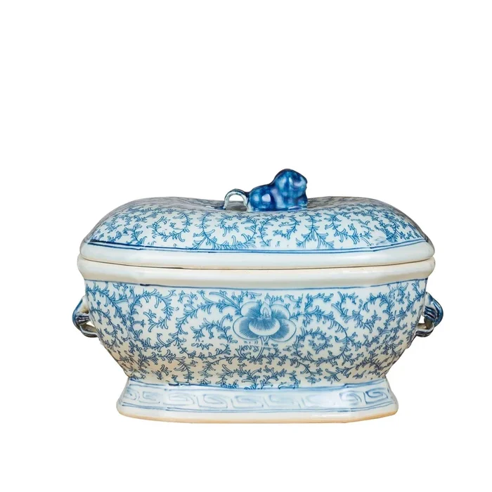 Blue and White Oval Fruit Jar Floral Motif With Squirrel Lid