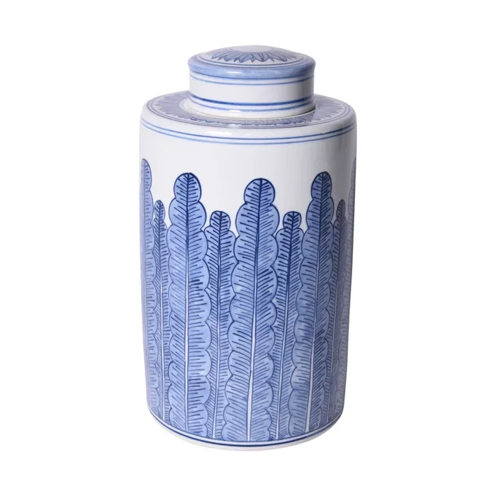 Blue And White Porcelain Tea Jar Banana Leaf Motif