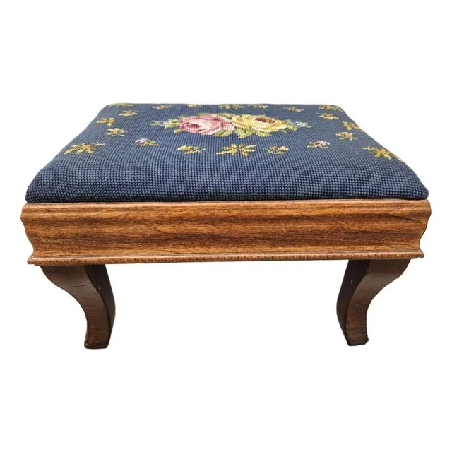 Blue Antique Needlepoint Footstool Floral Motif