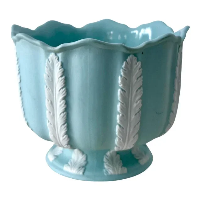 Blue Bisque Planter Bowl with White Leaves