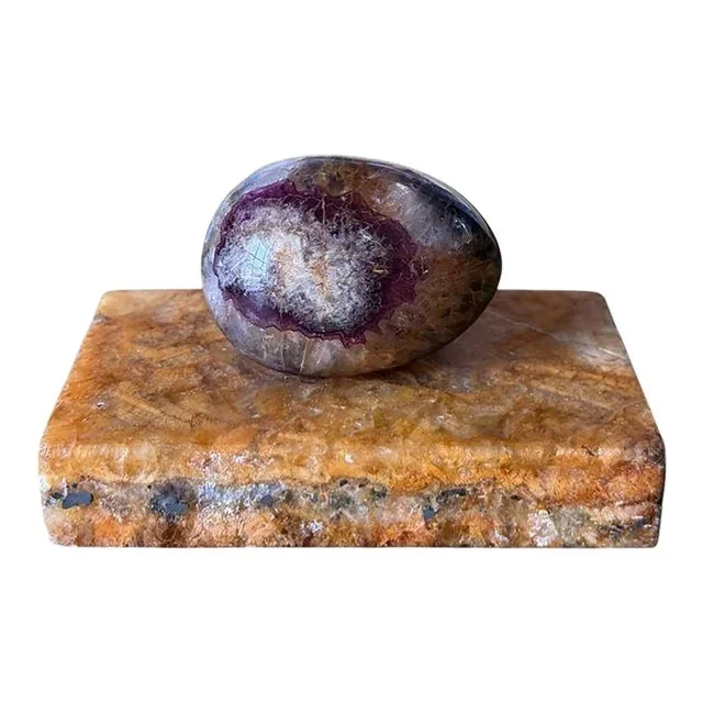 Blue John Paperweight Egg Mounted on Fluorspar Base, Early 20th Century