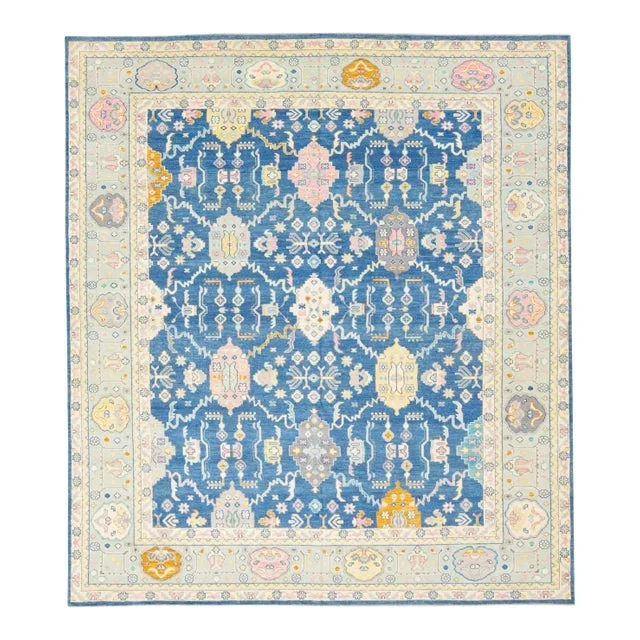 Blue Modern Oushak Handmade Multicolor Floral Motif Oversize Wool Rug
