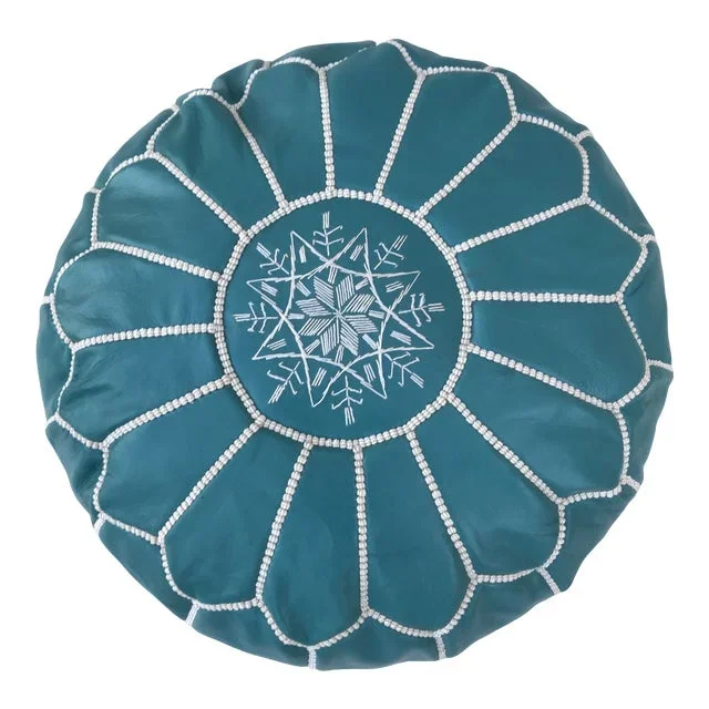 Blue Turquoise Moroccan Leather Pouf Cover