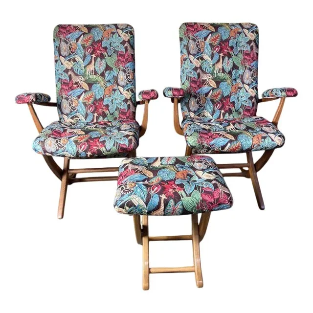 Boat Armchairs and Footrest, Set of 3