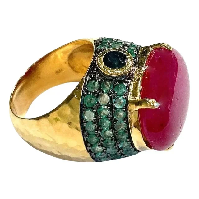 Bochic “Capri” Sapphire, Green Emerlad & Red Ruby Ring Set In 18K Gold & Silver