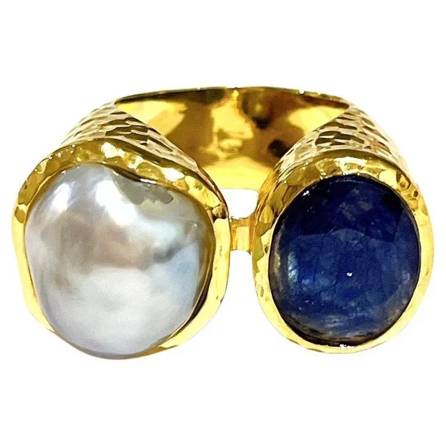 Bochic “Orient” Blue Sapphire & Pearl Vintage 2 Gem Ring Set 18K & Silver, Size 4