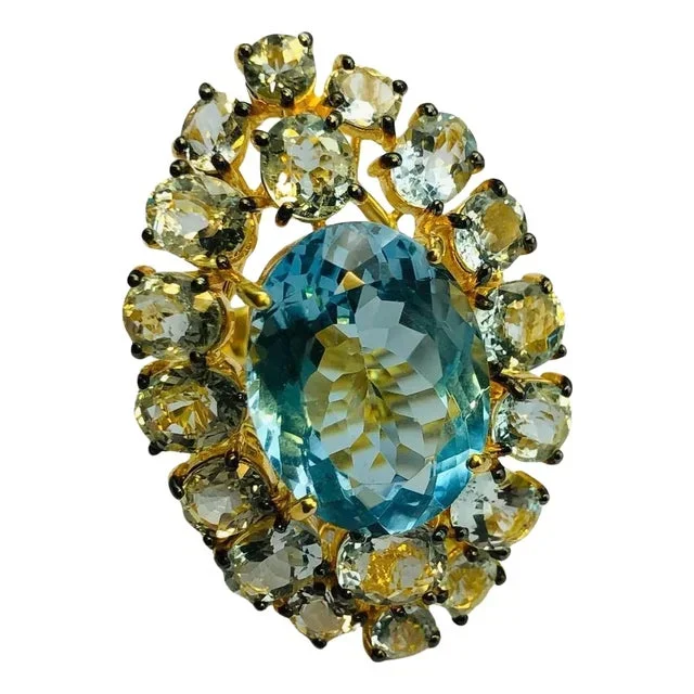 Bochic “Orient” Natural AquaMarine & Blue Topaz Ring Set In 18K Gold Plating