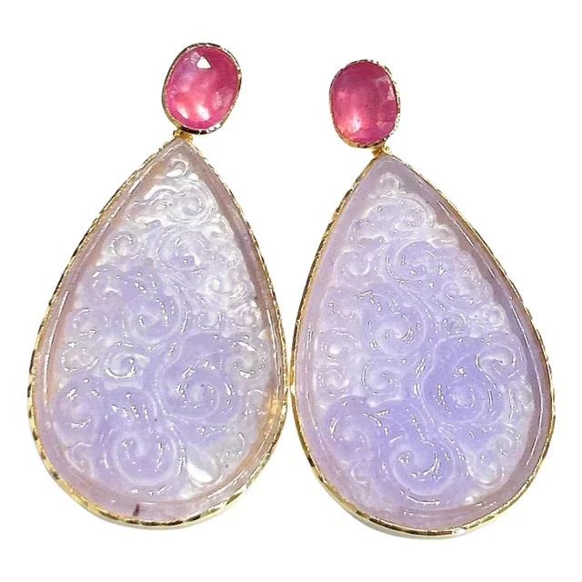 Bochic “Orient” Red Ruby & Lavender Jade Earrings set in 18K Gold & Silver